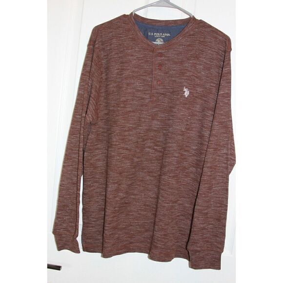 US Polo Assn Shirt Long Sleeve Henley Heathered Rusty Brown Cotton Mens L - Picture 1 of 7